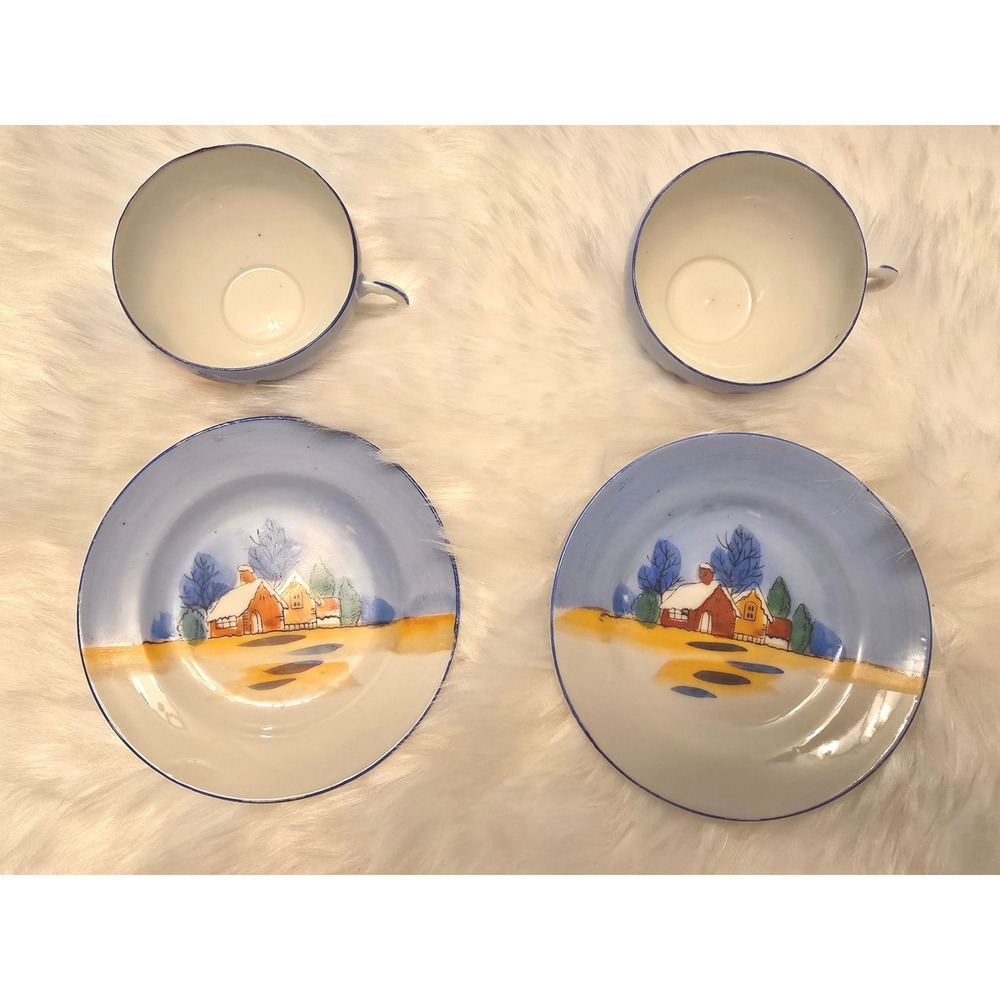 Vintage Hand-Painted Japanese Winter‎ Cottage Tea Cups & Saucers - Set of 2